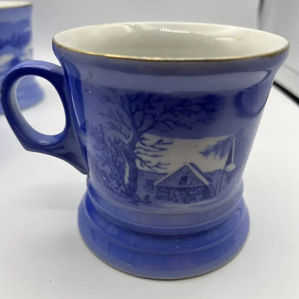 Vintage Currier And Ives Shaving Mugs Blue & White Lot of 4 Different Designs